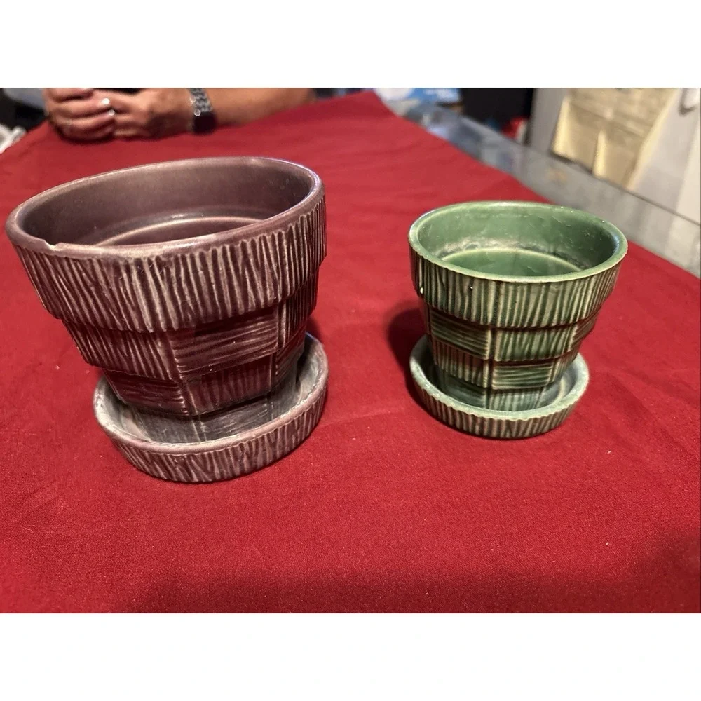 Rare Vintage McCoy Basketweave Planters Set Large Purple 4.5